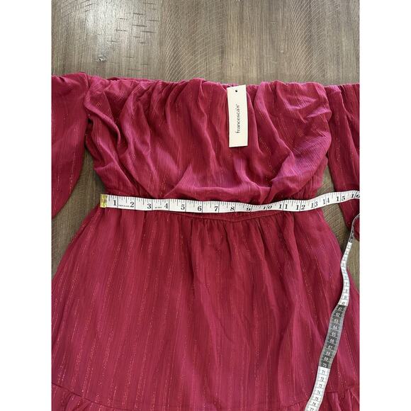 NWT Francesca’s Off The Shoulder Red Wine Shimmer Mini Ruffle Dress Size Medium - Picture 10 of 16